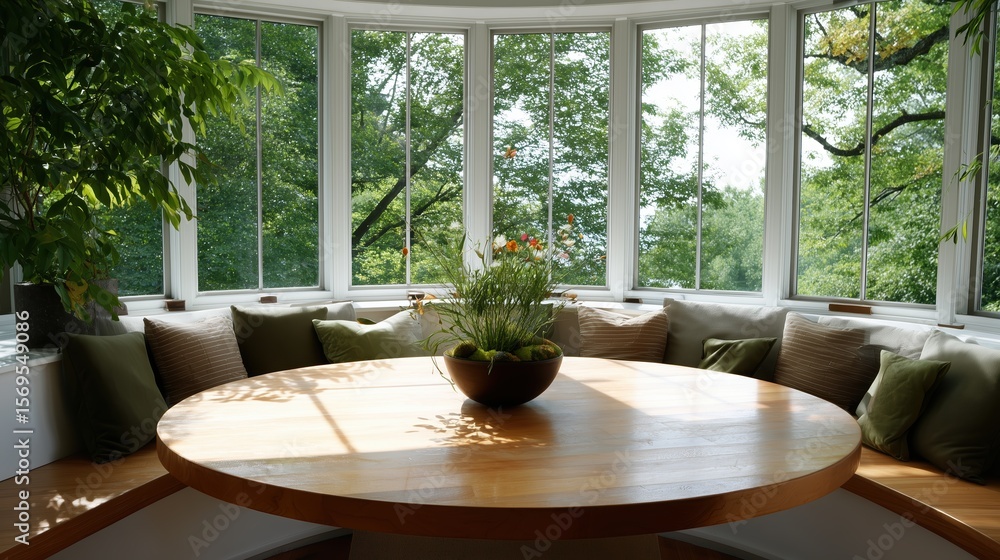 Fototapeta premium A light-filled interior space offering panoramic views. Features a large wooden table, surrounded by cushioned seating, and lush greenery, creating a sense of tranquility and connection with nature.