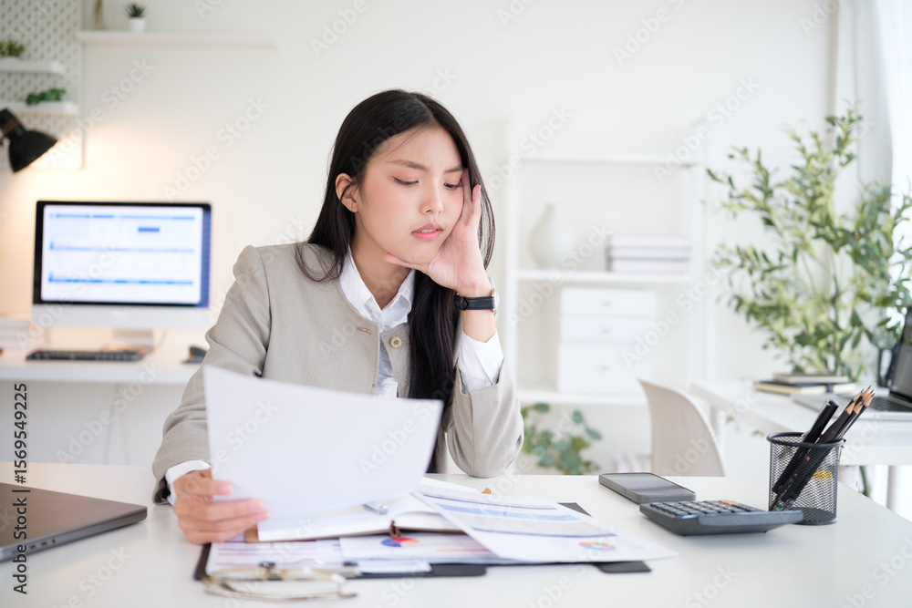 Young businesswoman feeling stressed and overwhelmed while reviewing financial documents at her desk. Young businesswoman feeling stressed and overwhelmed while reviewing financial documents at her desk.