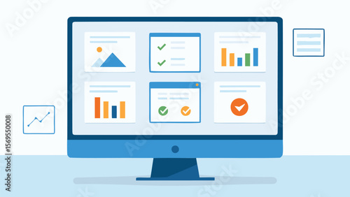 Computer screen displaying dashboards with charts and checkmarks on a light blue background scene
