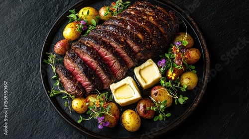 Chateaubriand platter top down view presenting juicy medium-rare beef with creamy butter quenelles, roasted bone marrow and colorful petite potatoes on elegant slate surface