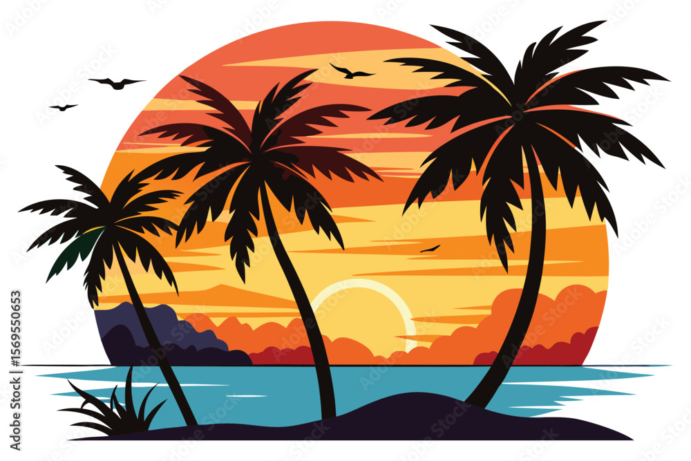 Obraz premium Sunset with palm trees and beach