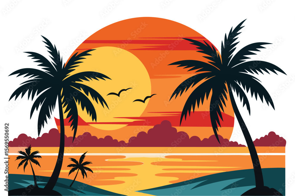 Obraz premium Sunset with palm trees and beach