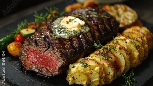 Chateaubriand platter featuring perfectly cooked beef steak with melting herb butter, served alongside crispy roasted potatoes and aromatic rosemary sprigs on elegant slate surface
