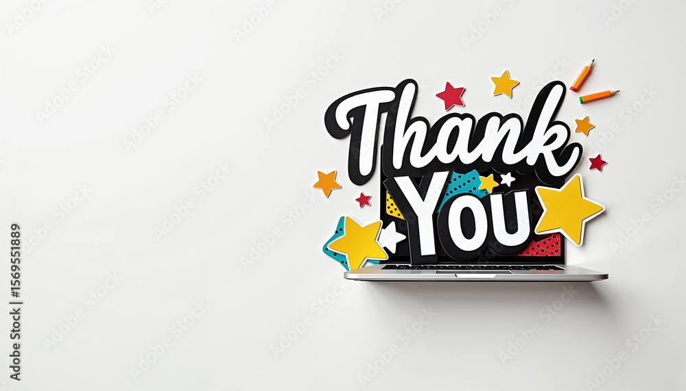 Naklejka premium Laptop screen displaying a colorful 'Thank You' message 