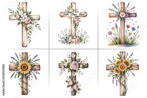 Wooden Cross with Flowers Clipart Bundle – Rustic Christian Symbol Decorated with Roses, Lilies, and Greenery – Perfect for Memorials, Easter, Wedding Invitations & Faith-Based Designs – Editable Vect