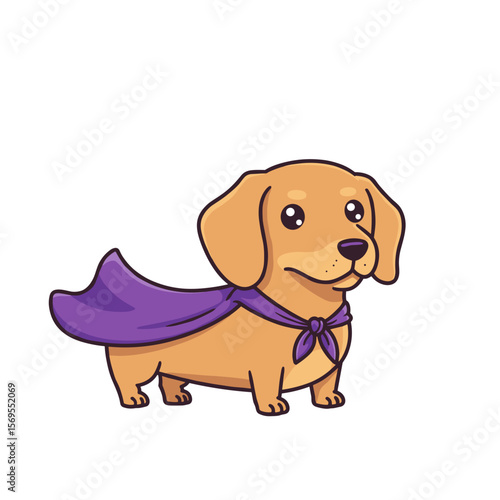 Cute cartoon dog wearing a purple cape, looking heroic and adorable