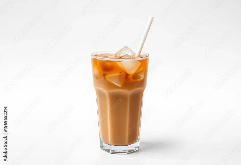 Iced coffee in clear cup with straw, minimalist white background, texture, design Iced coffee in clear cup with straw, minimalist white background, texture, design