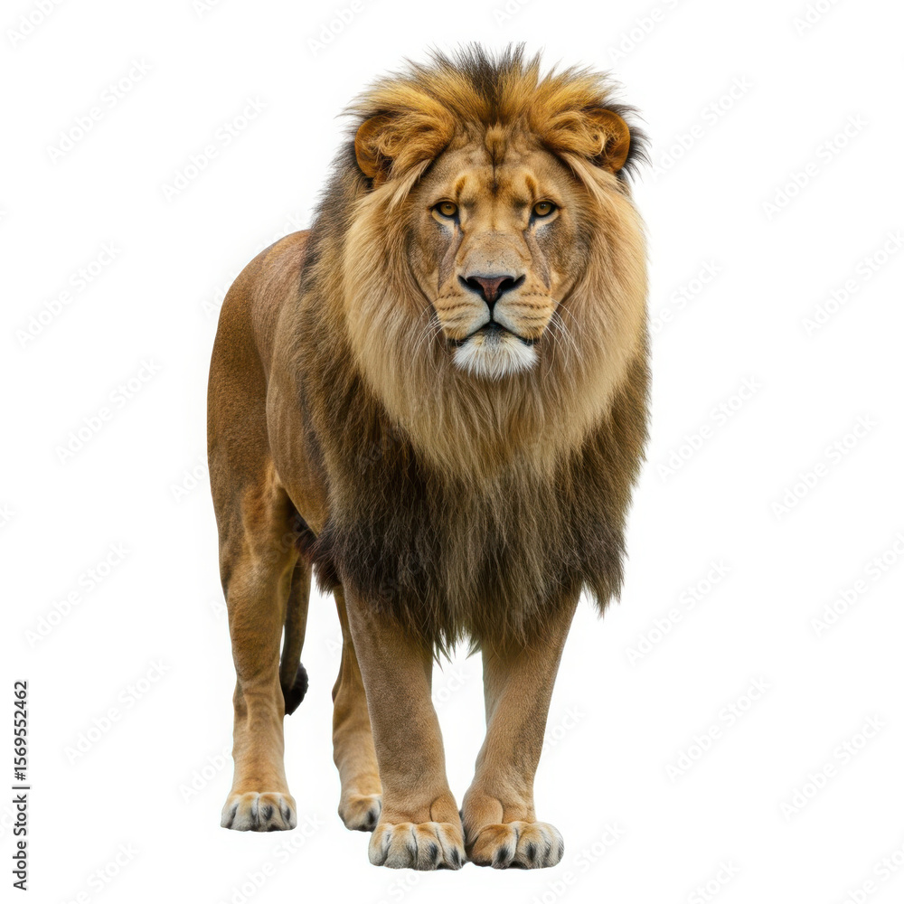 Majestic male lion with full mane standing and looking forward isolated on transparent background Majestic male lion with full mane standing and looking forward isolated on transparent background
