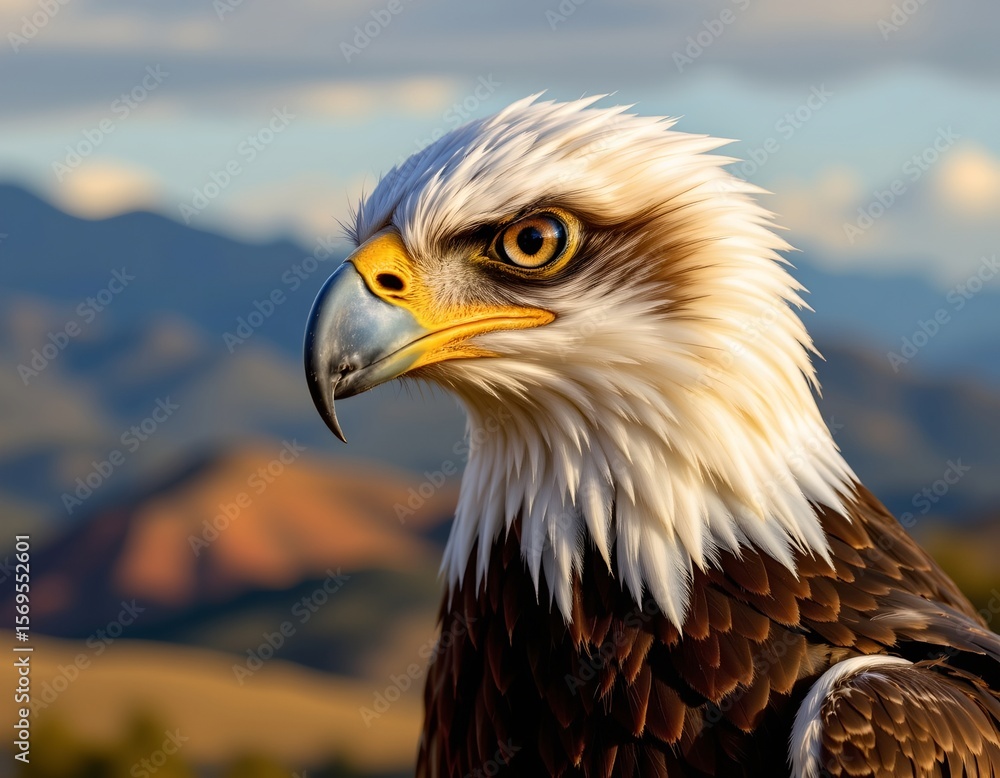 Fototapeta premium the main subject of the image is a close up of a bird of prey with white head feathers and brown body feathers, the bird faces slightly to the left