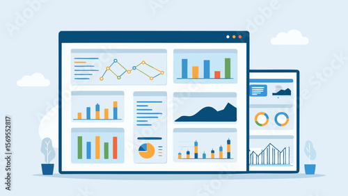 Illustration of two screens displaying various data charts and graphs for analysis and reporting