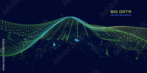 Abstract technology background with wavy color grid in dark. Analytics data algorithms. Computing concept. Big Data. Banner for business, science and technology.
