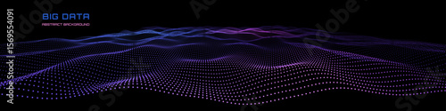Abstract wavy background color points  on dark blue. Array with particles in dynamic lines cyberspace. Concept technology futuristic style.