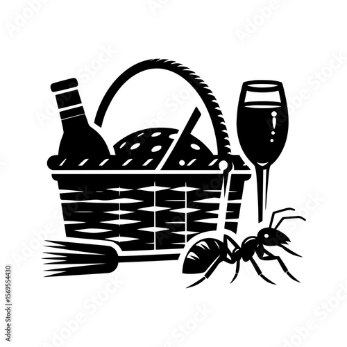 Ant invading a picnic basket with wine and food on a white background