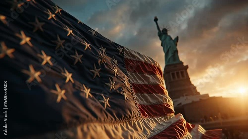 wide shot of the Statue of Liberty with an American flag waving in the foreground, golden hour lighting and cinematic atmosphere