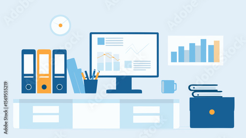 Illustration of a tidy workspace with computer, files, books and a mug on a light blue background
