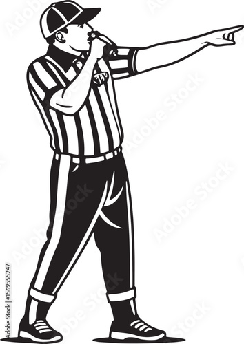 Black and white illustration of a sports referee blowing a whistle while pointing. Perfect for sports rules, judgment, or authority concepts.