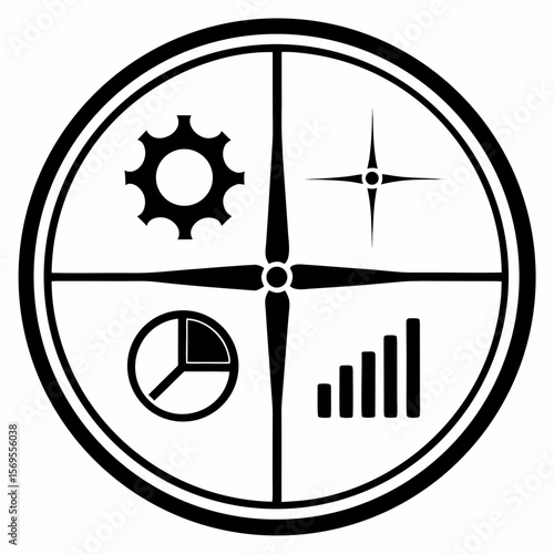 Abstract black and white vector illustration of a target symbol design with a clock icon and aiming crosshairs
