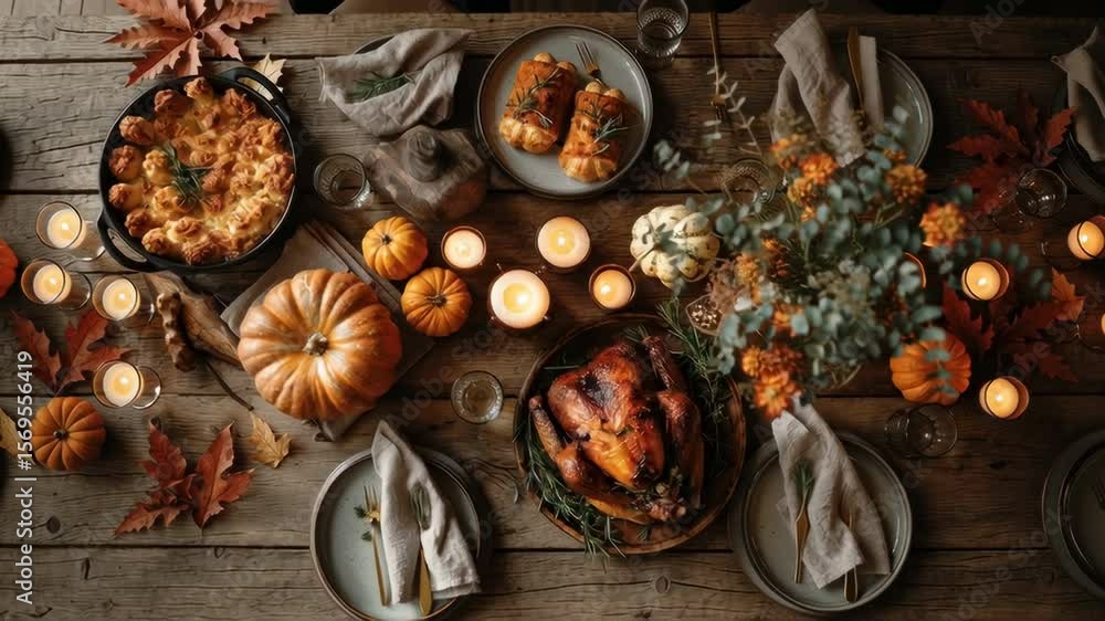 top-down shot of a Thanksgiving dinner table with turkey, pumpkins, and candles, cozy autumn atmosphere top-down shot of a Thanksgiving dinner table with turkey, pumpkins, and candles, cozy autumn atmosphere