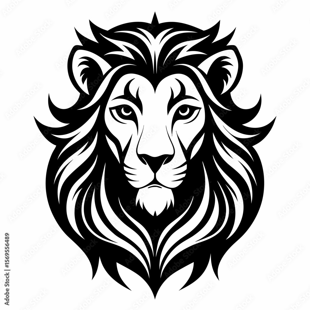 Obraz premium Stylized black and white illustration of a majestic lion head with intricate details and bold lines for tattoo or logo design.
