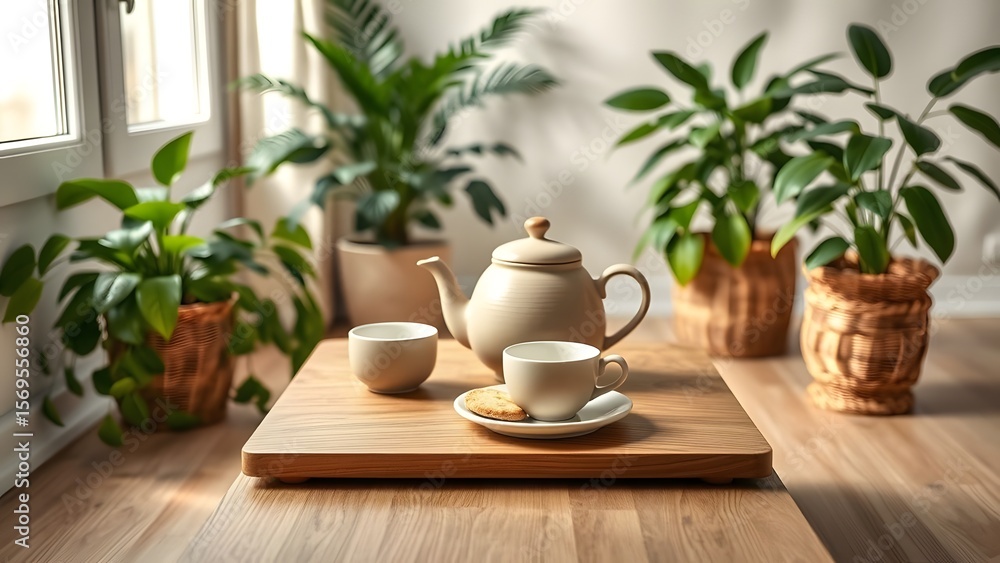 Cozy Tea Setup with Green Plants Cozy Tea Setup with Green Plants