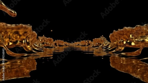 Abstract golden liquid surface with reflections on black background  