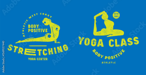Body positive stretching class emblem. Graphic design with typographic and silhouettes of girl in asana. Orange print with rough texture on white background