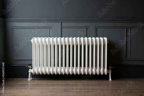 Wallpaper Mural White cast iron radiator standing against a dark gray wall in a room with wooden floor, providing warmth and comfort Torontodigital.ca