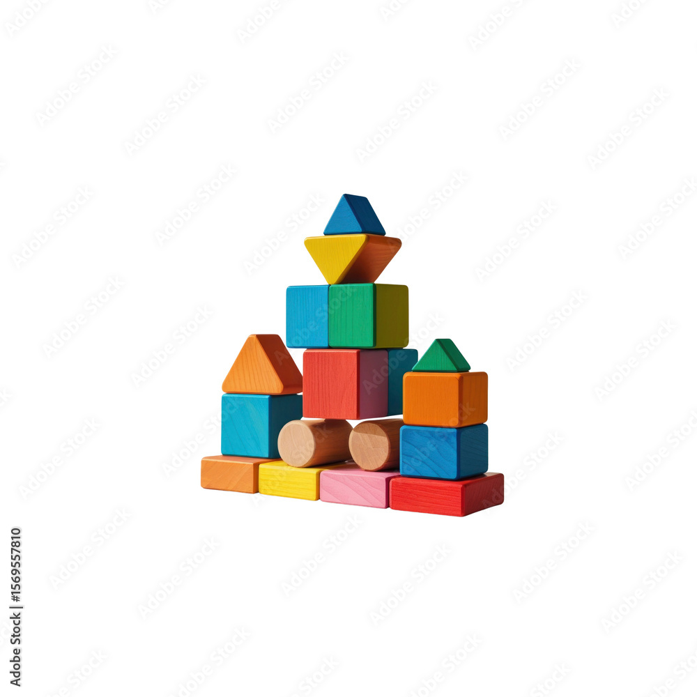 Obraz premium Colorful Wooden Blocks Building a Structure, Child's Play, Creativity and Construction Concept