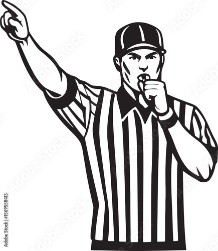 Minimalist referee vector blowing a whistle and signaling with raised arm. Ideal for sports icons and rule enforcement themes.
