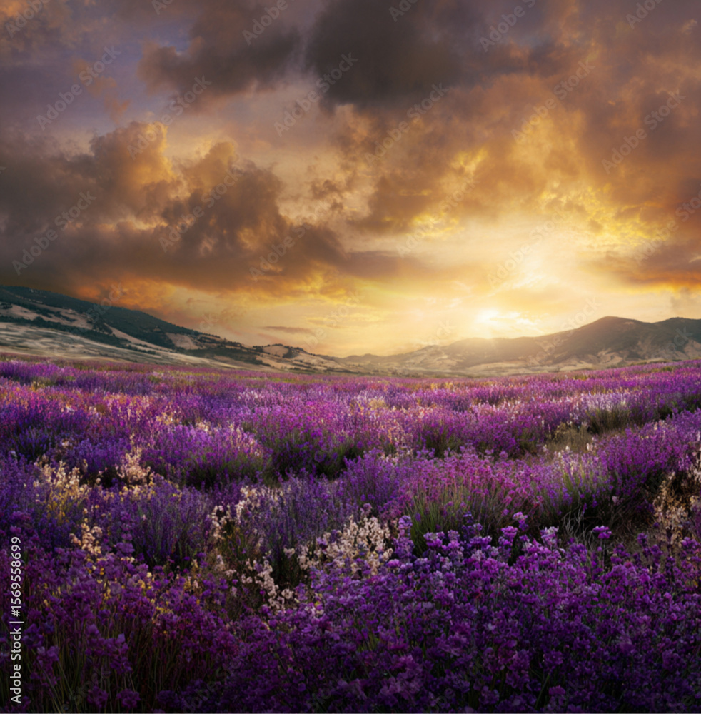 Obraz premium photo of a vast expanse of blooming lavender fields with rolling hills and a vibrant sunset