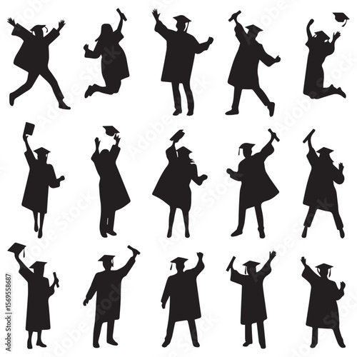 Diverse group of graduating students in black silhouette celebrating with diplomas and caps thrown in the air
