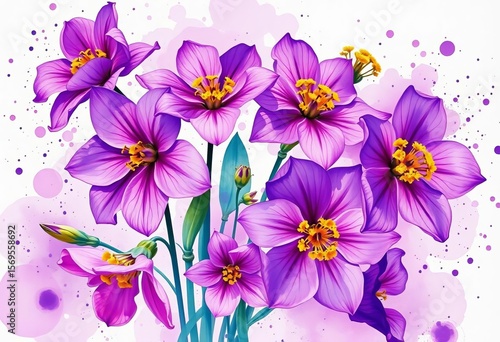Vibrant purple watercolor flowers, paint splatters extend beyond edges, summer, delicate