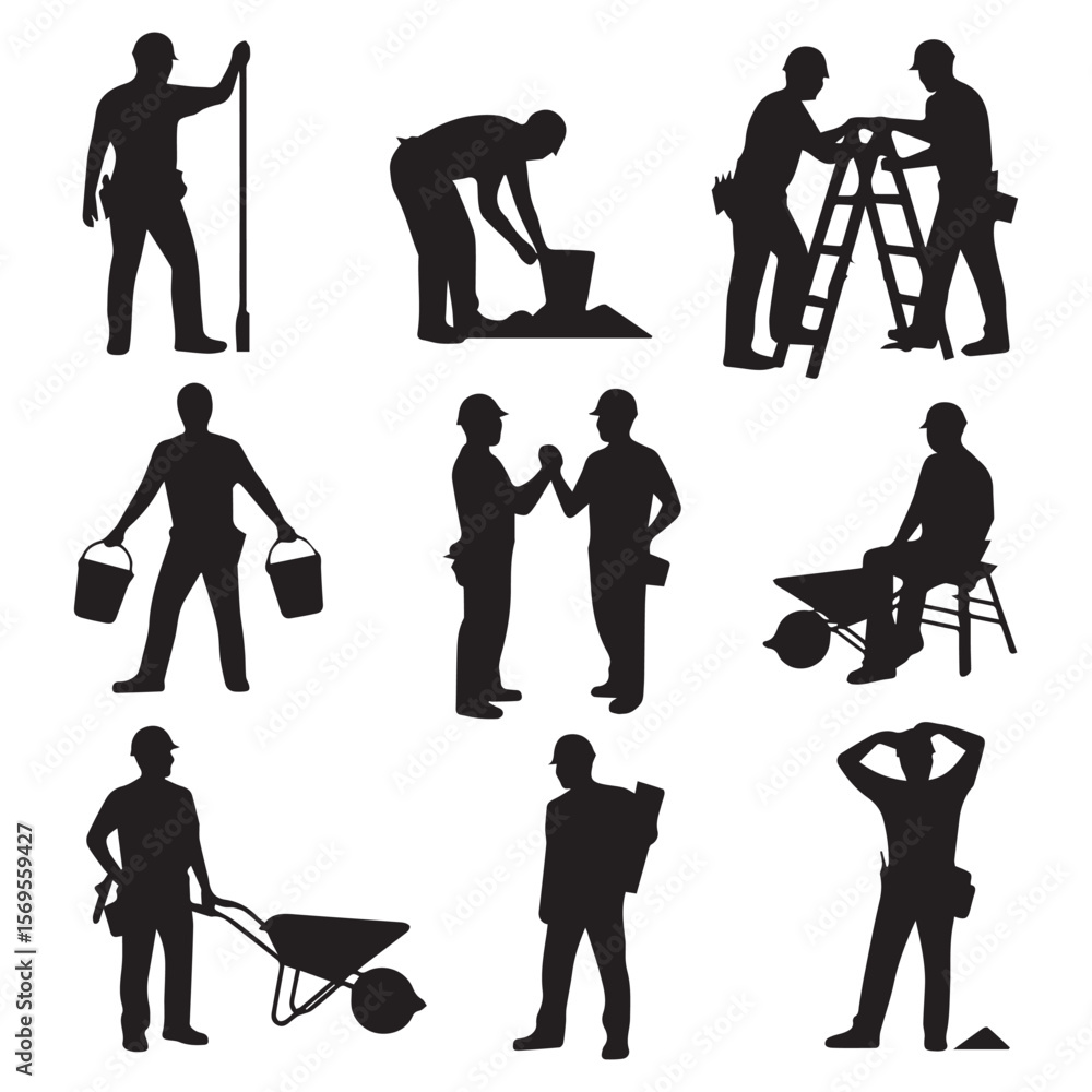 Obraz premium Collection of black silhouette construction workers performing various tasks on a white background