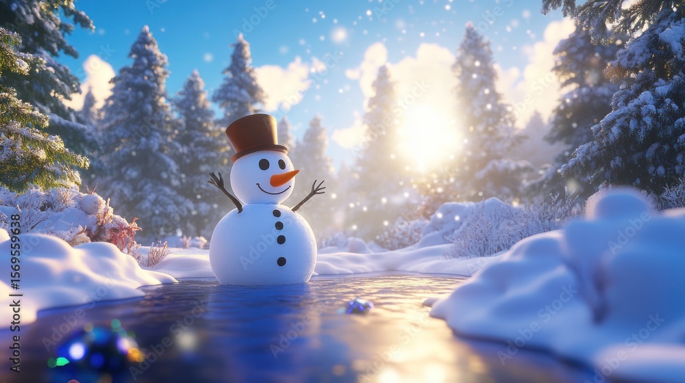 Obraz premium Charming Snowman Meltdown, Winter Wonderland and Warming Sunlight Harmony