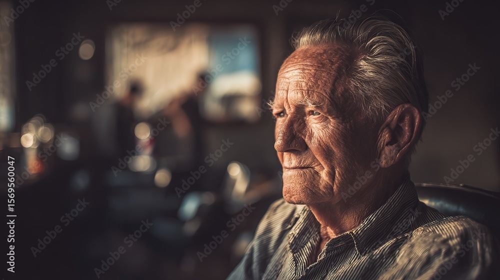 Fototapeta premium Elderly gentleman in a barber chair, warm light on his face. A timeless moment of care and tradition.