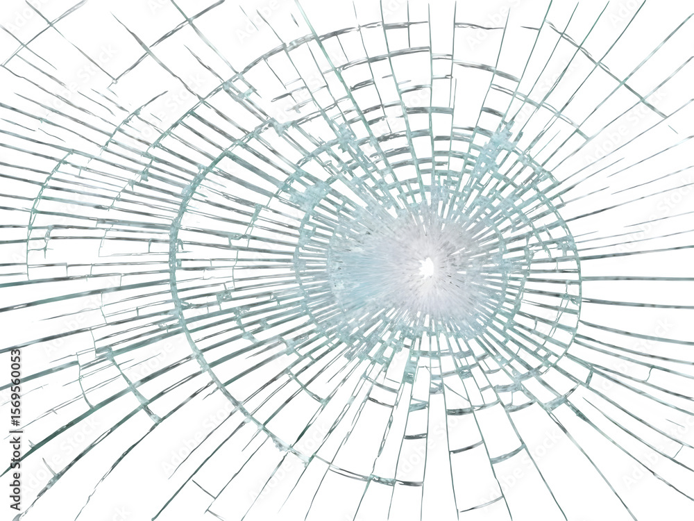 Obraz premium A cracked glass surface with a radial pattern, highlighting the shattered effect, on transparent background PNG