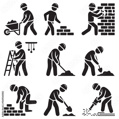 Construction workers performing various tasks including pushing a wheelbarrow laying bricks climbing a ladder digging with shovels and using a jackhammer