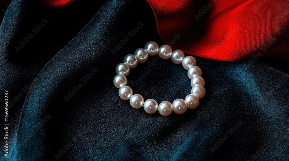 Fototapeta premium Close-up of a pearl bracelet resting on a dark blue fabric. the bracelet is made up of multiple round, silver-colored pearls that are arranged in a circular pattern.