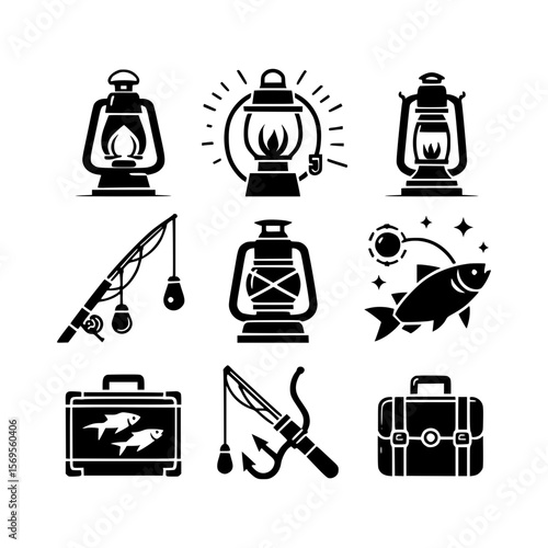 Fishing and camping icons featuring lanterns rods and tackle boxes