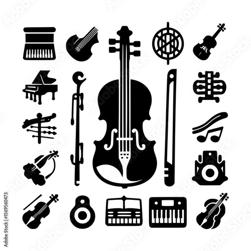Collection of musical instruments and symbols in silhouette style