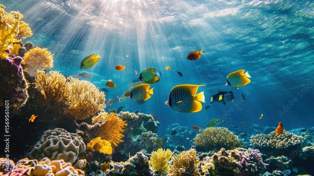 Naklejka premium Underwater coral reef teeming with colorful fish. Sunlight streams down through the water