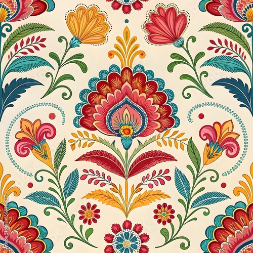 Bright and symmetrical folk art design with vibrant flowers, leaves, and swirls in a traditional decorative style.