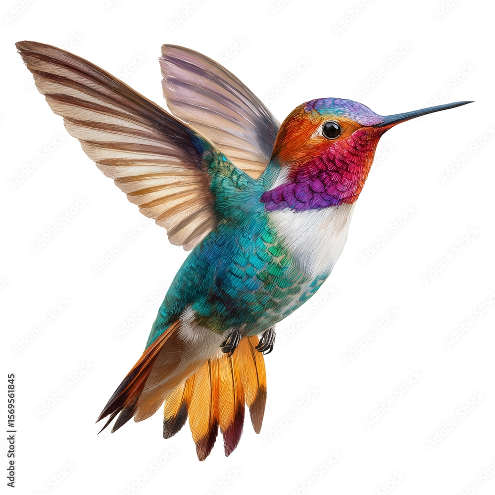 Obraz premium Close-up of a flying hummingbird with bright colors and spread wings on a transparent background