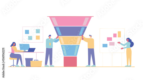 Teamwork illustration showing people working with a funnel and analyzing data on a whiteboard setup