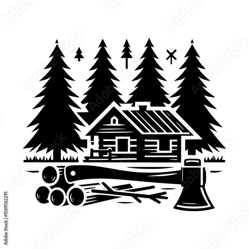 Rustic cabin in the woods with firewood and axe