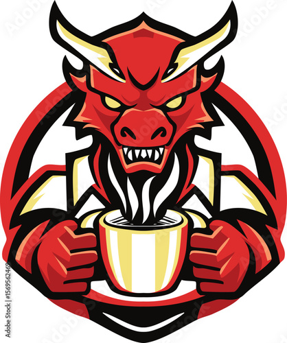 Dragon's Brew: Fiery Mascot with Coffee