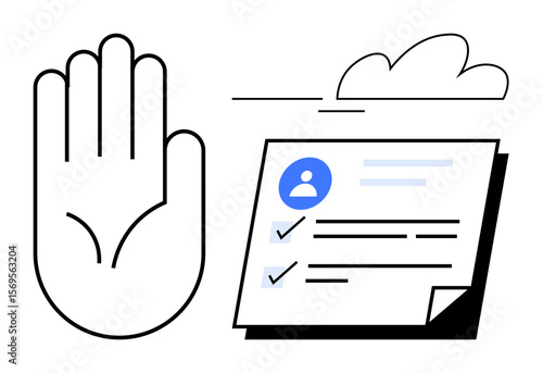 Outstretched hand beside a document with checklist and icons, representing verification, permission, profile validation. Ideal for approval, authentication, organization, privacy, consent user