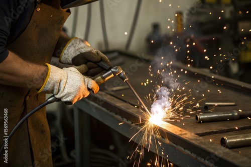 Welding sparks burst as gloved hands join metal frame on cluttered workbench — symbolizing intensity, technical skill, and real-world craftsmanship