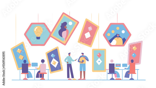 People in an office space with hanging artwork and geometric shapes creating a modern atmosphere design