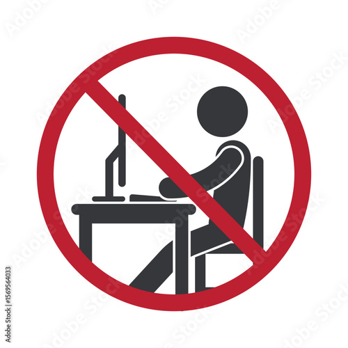 Isolated prohibition sign of a person using a computer at a desk, symbolizing no computer use allowed in restricted or specific areas.
